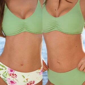 Cupshe Light Green and Floral Reversible Bottom Bikini Set